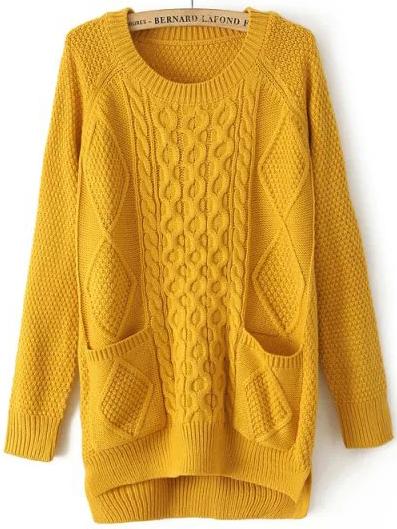 Romwe Diamond Patterned Pockets High Low Yellow Sweater