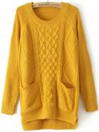 Romwe Diamond Patterned Pockets High Low Yellow Sweater