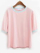 Romwe Pink Contrast Trim Drop Shoulder T-shirt