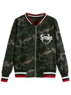 Romwe Camo And Letter Print Varsity Striped Trim Zip Jacket