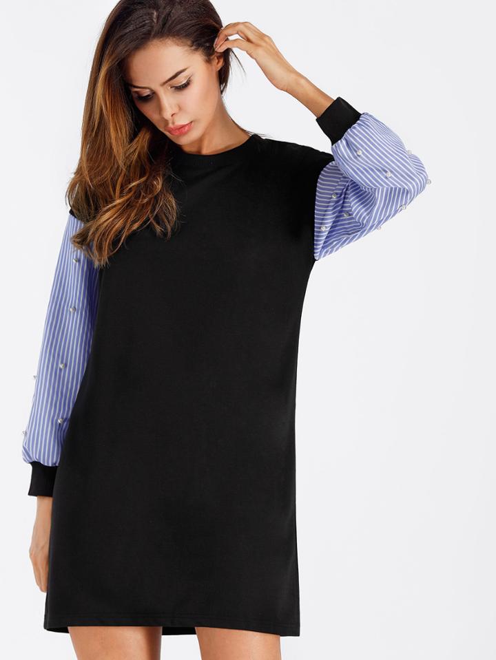Romwe Contrast Striped Sleeve Pearl Beaded Sweatshirt Dress