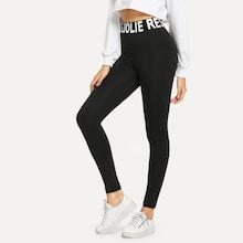 Romwe Letter Print Tape Waist Skinny Leggings