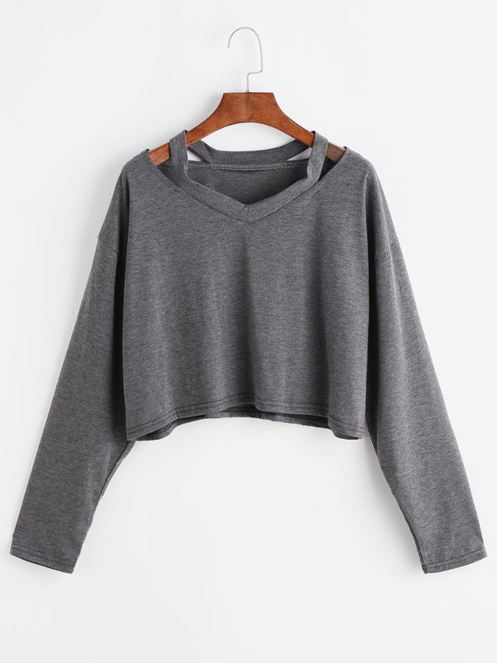 Romwe Grey Cut Out Neck T-shirt