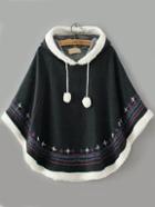 Romwe Hooded Embroidered Embellished Black Cape Coat