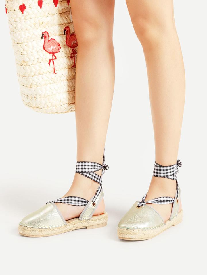 Romwe Lace Up Pu Flats With Grid Strap