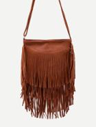 Romwe Brown Faux Leather Fringe Zipper Shoulder Bag