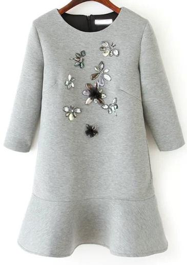 Romwe Gemstone Embellished Flouncing Grey Dress