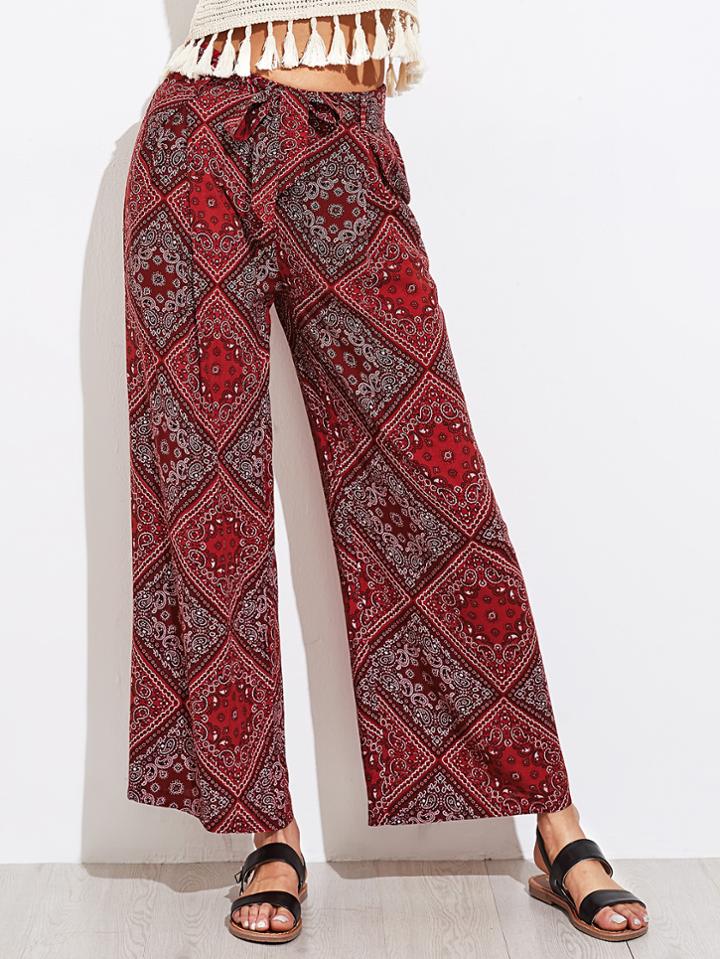 Romwe Paisley Print Self Tie Wide Leg Pants