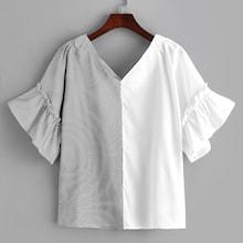 Romwe Striped Flounce Sleeve Blouse