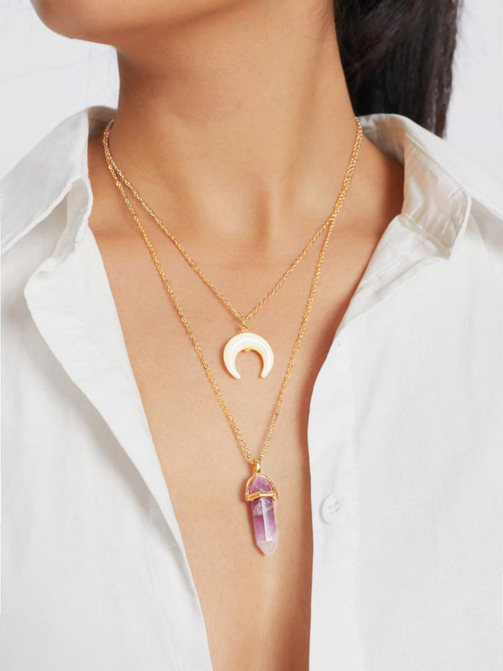 Romwe Hexagon Column & Moon Pendant Layered Necklace