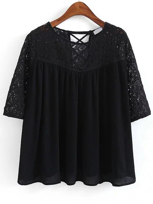Romwe Lace Insert Lattice Back Chiffon Black Shirt