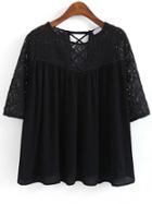 Romwe Lace Insert Lattice Back Chiffon Black Shirt