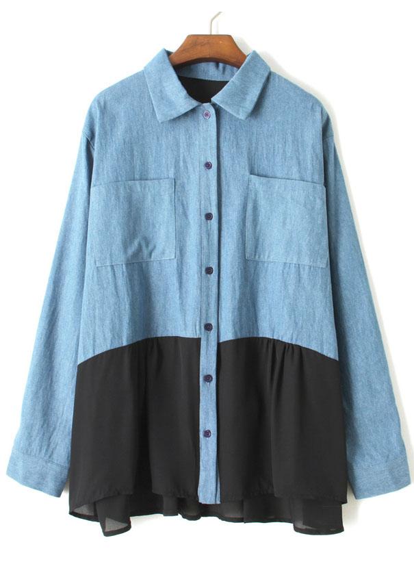 Romwe Lapel With Pockets Black Blouse