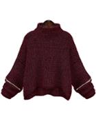 Romwe High Neck Loose Burgundy Sweater