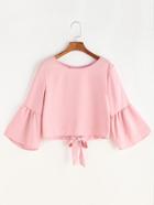 Romwe Pink Bell Sleeve Bow Tie Overlap Back Blouse