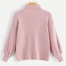 Romwe Pearl Beaded Lantern Sleeve Ribbed Sweater