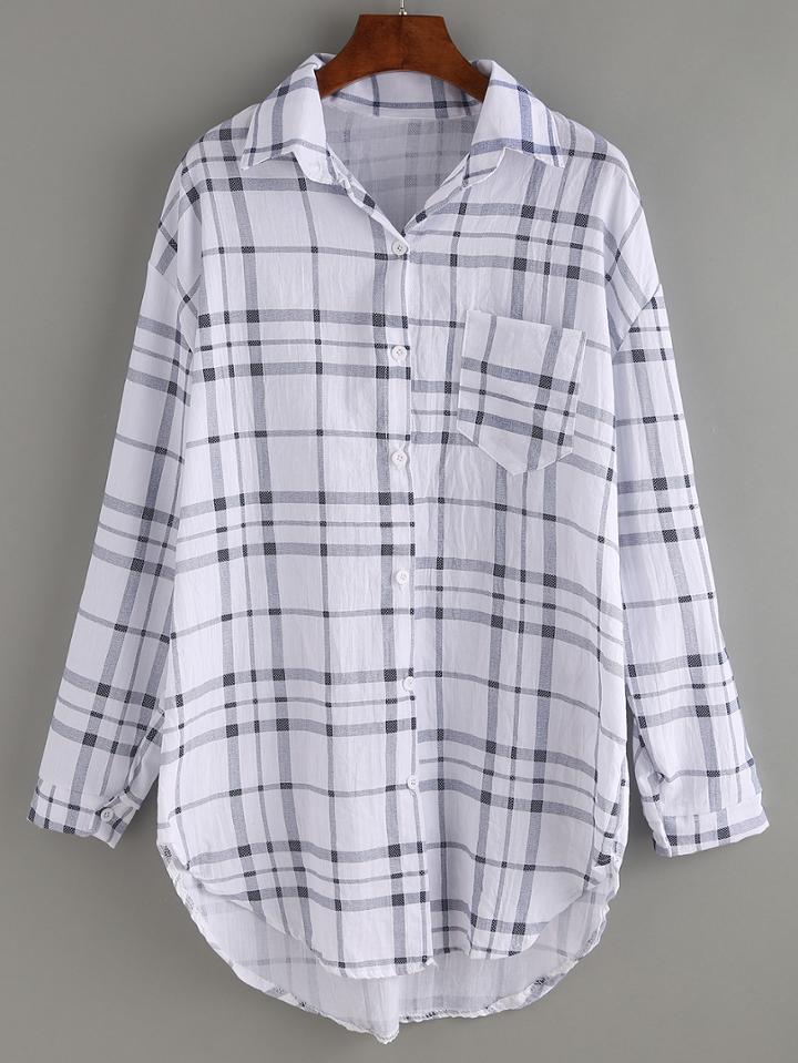 Romwe Pocket Front Black White Plaid Blouse