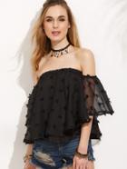 Romwe Black Applique Mesh Off The Shoulder Top