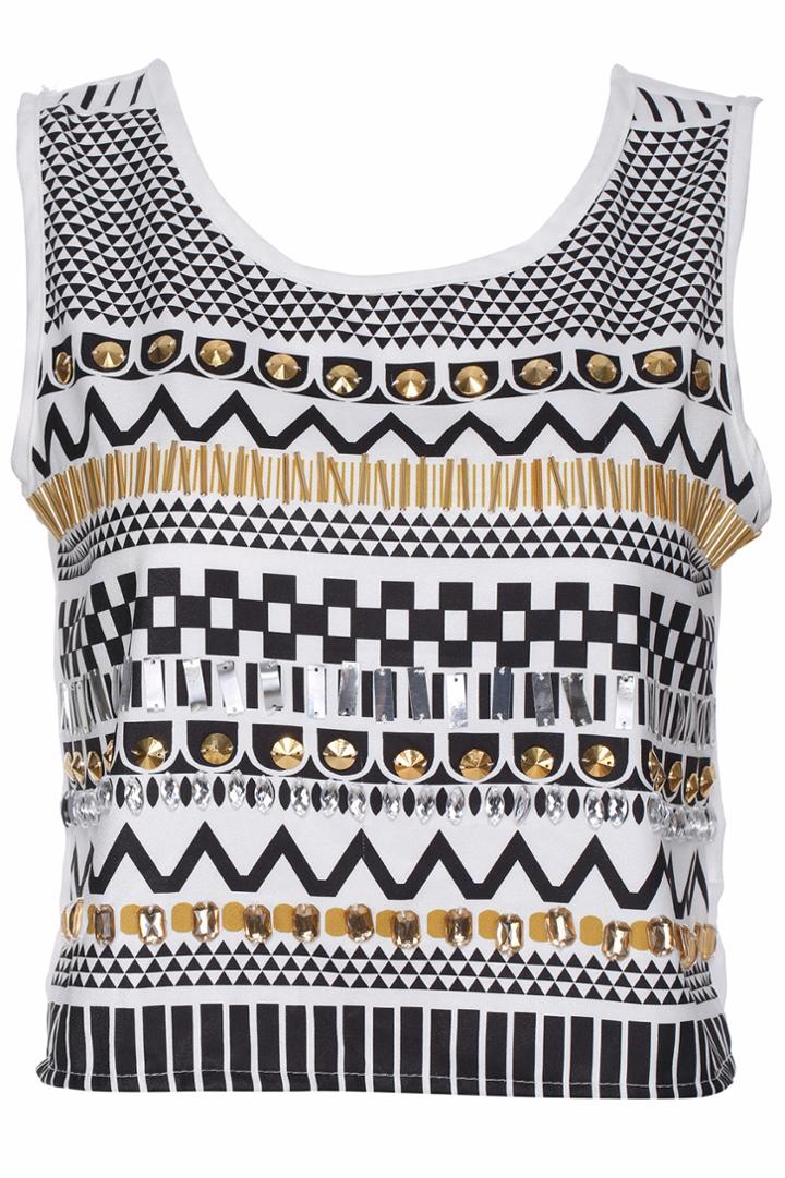 Romwe Romwe Diamante Geometrical Pattern Cropped White Vest