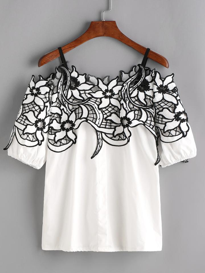 Romwe White Cold Shoulder Contrast Crochet Trim Top