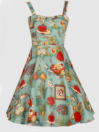 Romwe Green Spaghetti Strap Printed Self-tie Flare Dress