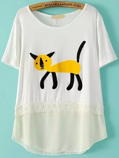 Romwe Contrast Hem Cat Patch T-shirt