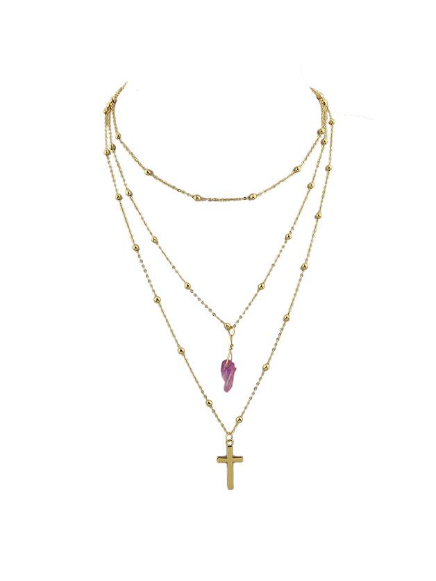 Romwe Purple Cross Natural Stone Multilayer Necklace Sweater Chain Necklace