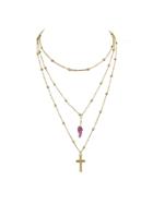 Romwe Purple Cross Natural Stone Multilayer Necklace Sweater Chain Necklace