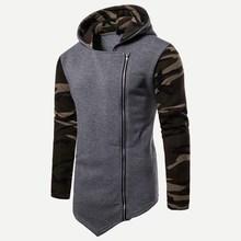 Romwe Men Contrast Camo Sleeve Asymmetric Hem Zip Up Hoodie