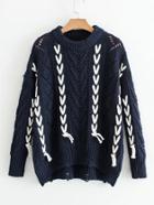 Romwe Lace Up Ripped Pointelle Sweater