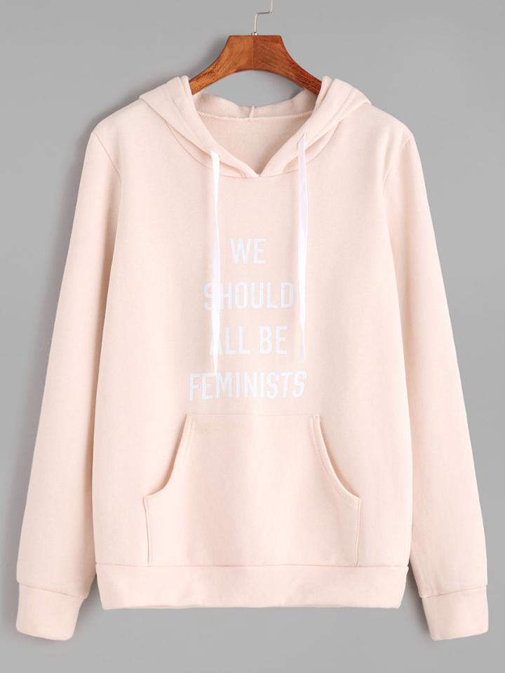 Romwe Pink Letter Print Drawstring Hooded Pocket Sweatshirt