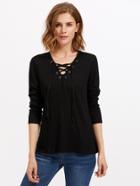 Romwe V-neckline Lace Up Ribbed T-shirt