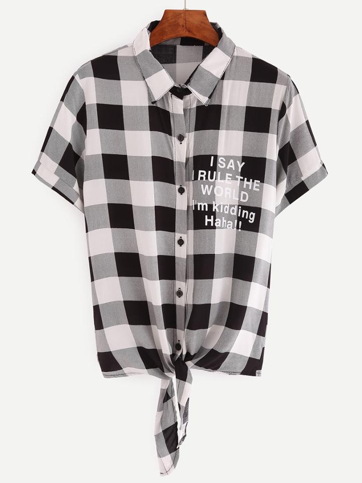 Romwe Plaid Letters Print Knotted Blouse