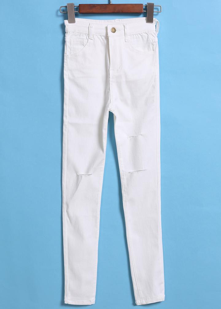 Romwe Cut Out Slim Denim White Pant