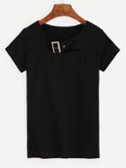 Romwe Black Cutout Buckle Neck T-shirt