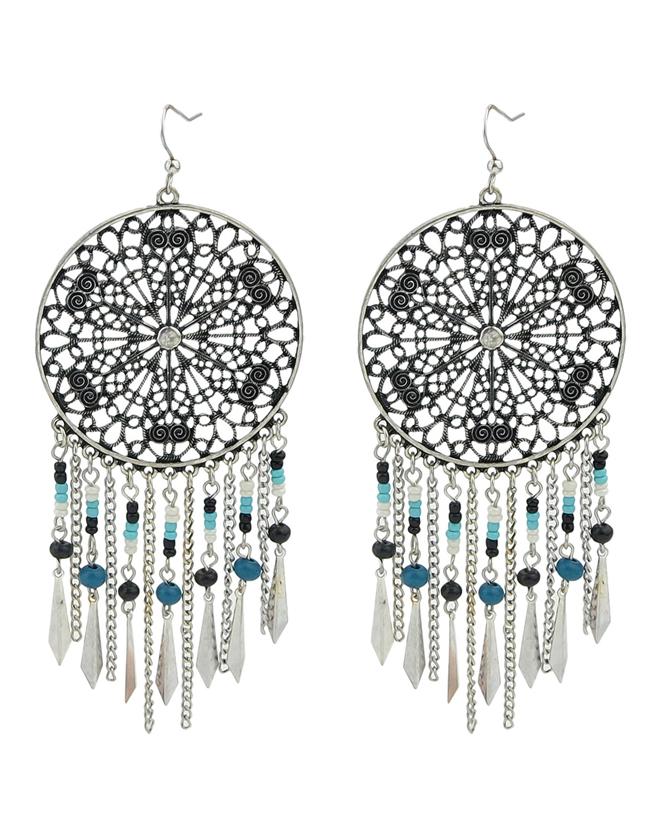 Romwe At-silver Dream Catcher Design Beads Large Hanging Earrings Woman