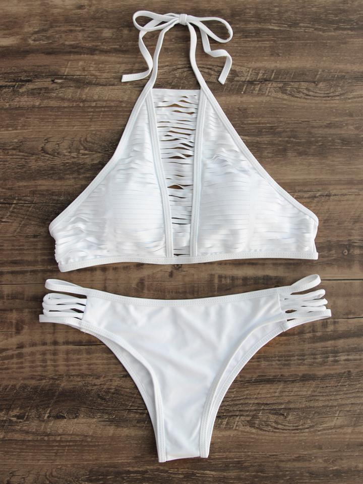 Romwe White Ladder Cutout Halter Bikini Set