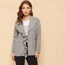 Romwe 90s One Side Ruffle Placket Plaid Coat