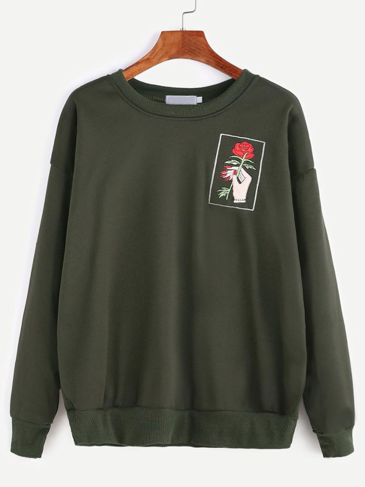 Romwe Army Green Hand And Rose Embroidery Sweatshirt