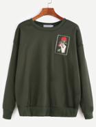 Romwe Army Green Hand And Rose Embroidery Sweatshirt