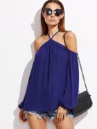 Romwe Blue Halter Cold Shoulder Top
