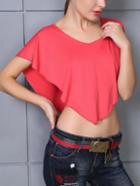 Romwe V Neck Crop Red T-shirt