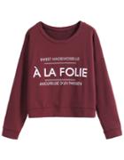Romwe Letters Print Crop Wine Red T-shirt