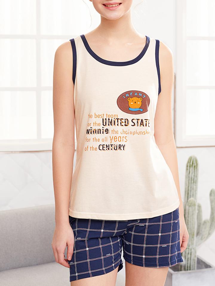 Romwe Bear Print Tank Top With Plaid Shorts