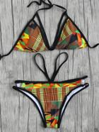 Romwe Geometric Print Strappy Triangle Bikini Set