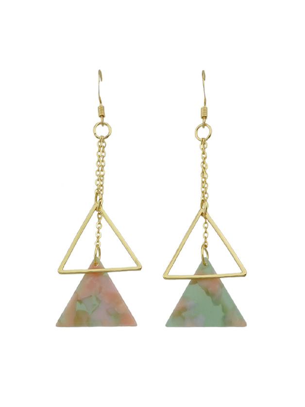 Romwe Pink-green Long Chain Triangle With Multicolored Natural Stone Dangle Earrings