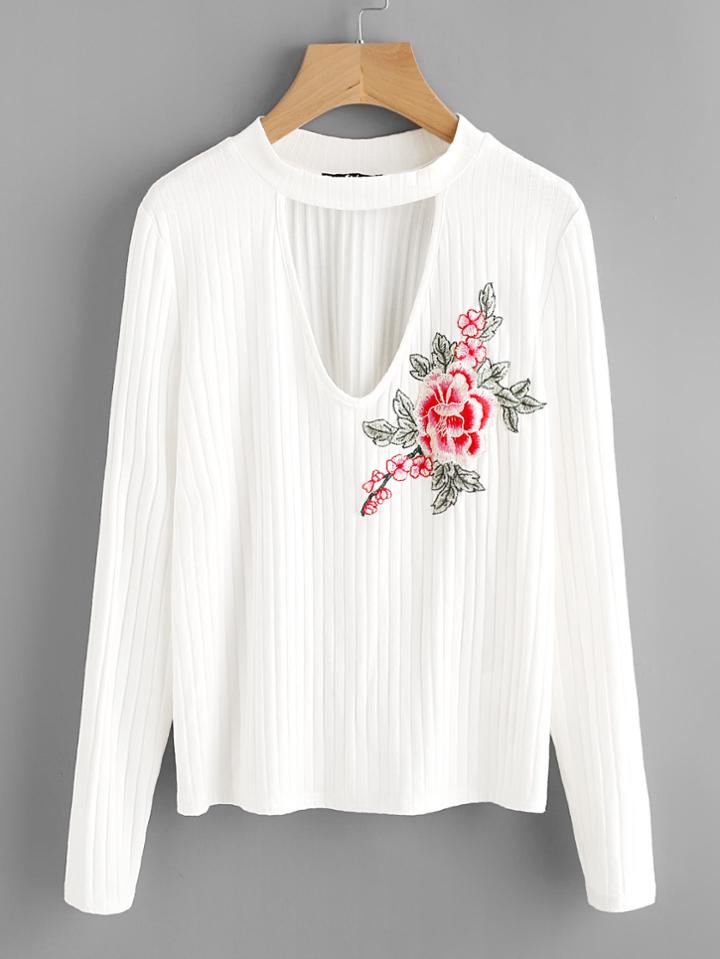 Romwe Flower Patch Choker Neck Rib Knit Tee