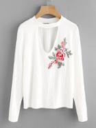 Romwe Flower Patch Choker Neck Rib Knit Tee