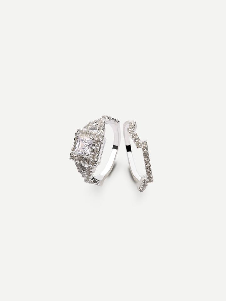 Romwe Silver Square Zircon Couple Rings