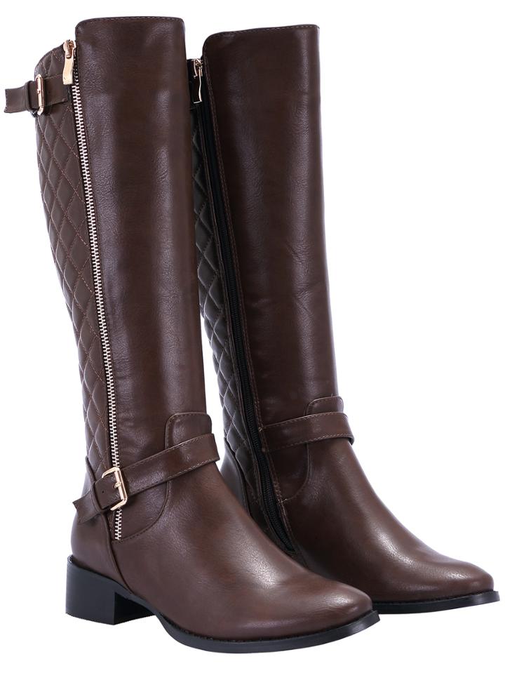 Romwe Brown Zipper Buckle Strap Tall Boots